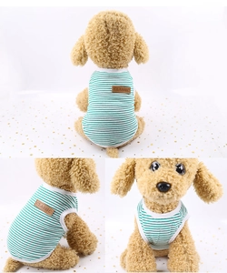 Detail of green and white striped pet vest with brown leather Classic tag decoration