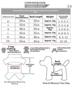 Tableau des tailles pour vêtements en polaire pour animaux de compagnie de XS à XXL