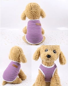 Detail of purple striped cotton pet vest with classic leather patch and ribbed edges