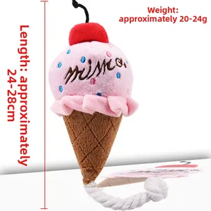 Plüsch-Eiscreme-Hundespielzeug mit rosa Mikka-Stickerei und weißem Baumwollseil zum Kauen