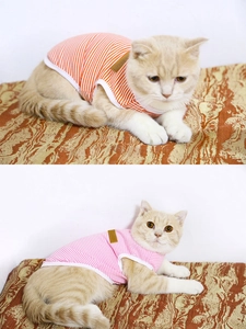 Breathable cotton striped dog and cat vest in orange and pink with classic leather label