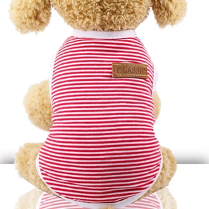 Classic red and white striped cotton pet vest with a brown leather logo for small dogs