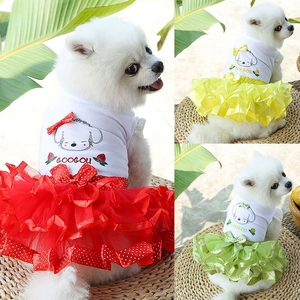 Pet Dress Cotton Mesh Puppy Tutu Skirt Cartoon Dog Print Polka Dot Bow Lace Sleeves Summer Apparel Small Dog Cat