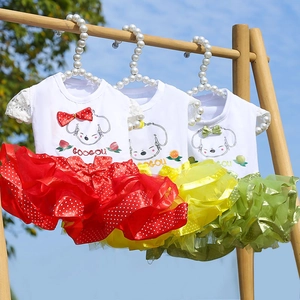 Three-piece colorful fruit-themed pet dresses with lace sleeves and polka dot skirts