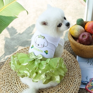 Cute fruit-themed pet dress with white cotton top and green tulle skirt for dogs