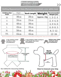 Guide des tailles pour pulls pour animaux avec mesures de poitrine et de dos