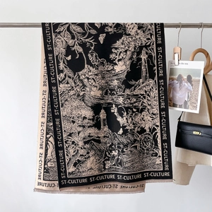 Detail view of a luxury vintage Toile de Jouy print scarf with ST-CULTURE branding