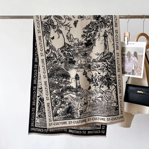 French vintage Toile de Jouy print scarf with lion motif and tassels for autumn winter