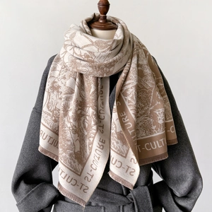 Vintage beige cashmere blend scarf with brown bird floral prints and T-CULTURE lettering
