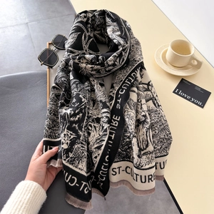 Vintage retro print thick winter shawl with fringe edge and black-white contrast