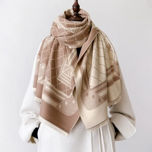 Thick warm cashmere-feel scarf with geometric plaid pattern and frayed edges for winter