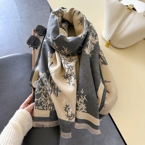 Bamboo pattern grey and beige double-sided cashmere shawl with tassel trim and soft texture