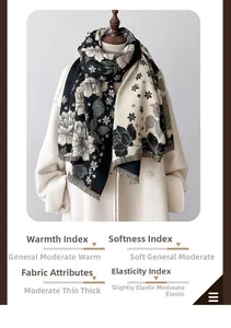Detail of vintage floral print scarf with tassels on white coat display stand