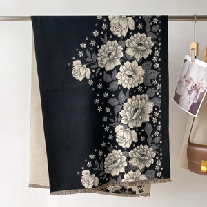 Retro floral jacquard shawl scarf with black and cream roses and fringe tassels