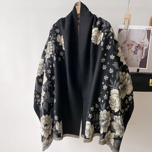 Vintage Floral Print Winter Shawl Scarf Reversible Jacquard Imitation Cashmere Thick Warm Wrap With Tassels For Women