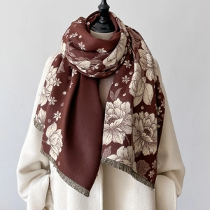 Elegant floral cashmere shawl in brown and cream with fringe for autumn winter style