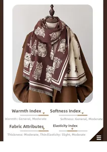 Detail of soft cashmere-like scarf with cute cat patterns and fringe tassels