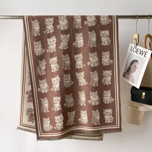 Brown cashmere-like scarf with cat print and fringe trim for autumn and winter