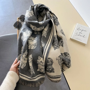 Cute cat print cashmere-feel scarf with tassels and reversible grey and beige design