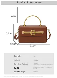 Detaillierte Größenangaben der braunen PU-Handtasche mit Metallgriff und M-Logo-Detail