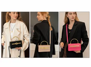 Three-way view of fashion box bag with bamboo metal handle and M-letter clasp