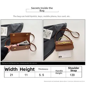 Detaillierte Größentabelle und Innenansicht der braunen Handtasche mit Abmessungen
