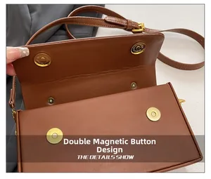 Detail der doppelten Magnetschnalle und der glatten Lederklappe an der Handtasche
