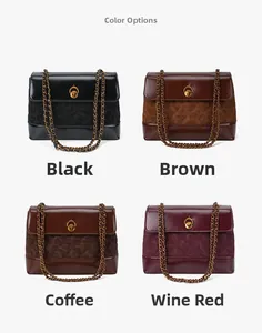 Close-up of four quilted chain handbags in black, brown, coffee, and wine red leather