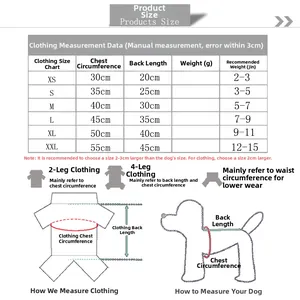 Size chart for pet rabbit costume fleece showing chest and back length in XS to XXL