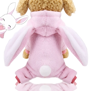 Rear view of pink coral fleece pet sweater featuring long rabbit ears and a plush tail