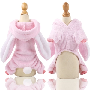 Detailed front and back view of a pink coral fleece pet hoodie with bunny ears and tail