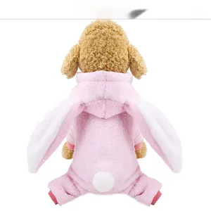 Pink plush pet hoodie with long rabbit ears and cute pom-pom tail detail on the back