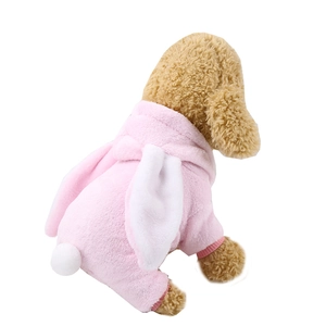 Detailed back view of pink rabbit-themed pet onesie with soft fleece texture and bunny ears