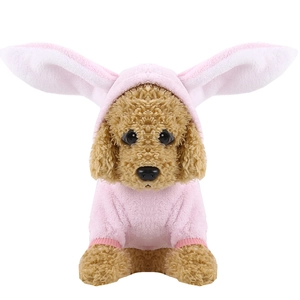 Front view of soft pink rabbit ear hoodie on teddy dog model with plush coral fleece detail