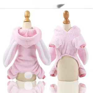 Detail showing pink pet bunny hoodie with long ears and plush round tail for small dogs