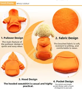 Vue détaillée du sweat à capuche orange pour animaux en tissu brossé avec poche dorsale