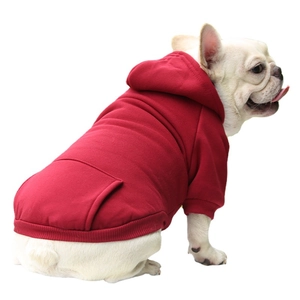 Deep red dog hoodie with pocket and ribbed cuffs for small to medium pet breeds