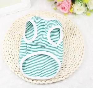 Vue détaillée d'un gilet rayé vert et blanc pour petits chiens et chats sur un tapis rond