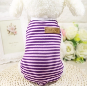 Détail du gilet rayé violet pour animaux avec étiquette en cuir et col côtelé doux