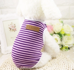 Détail du gilet rayé violet pour chien avec écusson en cuir classique sur tricot