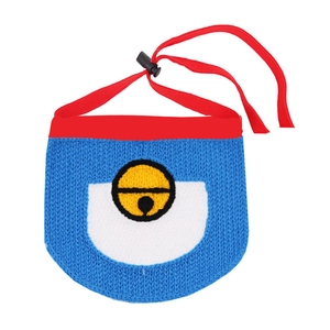 Knitted blue and white pet bib with yellow bell design and adjustable red strap