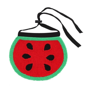Detail of hand-knitted watermelon dog bandana with adjustable red and green cord