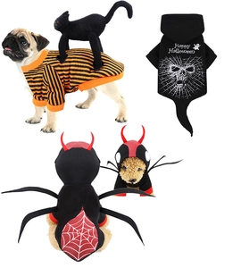 Detail of Halloween pet costumes featuring spider, skull, and pumpkin themes for dogs
