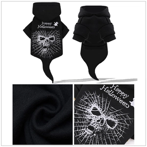 Detail of Halloween pet hoodie featuring Ghost print and Happy Halloween lettering