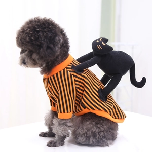 Detail of pet Halloween knit sweater with orange stripes and a 3D plush black cat on back