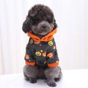 Detail of Halloween pet hoodie with pumpkin patterns and comfortable cotton texture