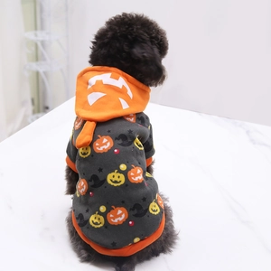Detail of Halloween pet hoodie featuring orange pumpkin prints and a wizard hat design