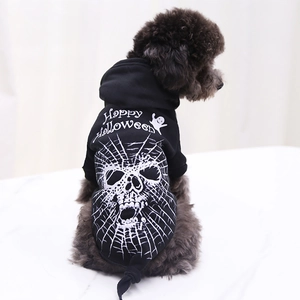 Detail view of Halloween pet hoodie featuring a skull, spider web, and ghost print