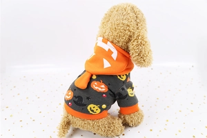Detail of Halloween pet hoodie with pumpkin and wizard hat prints on back