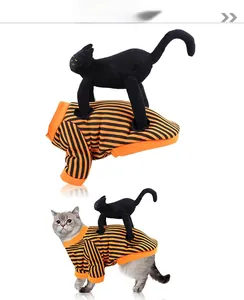 Detail of pet Halloween shirt with 3D black cat doll and orange striped knit fabric